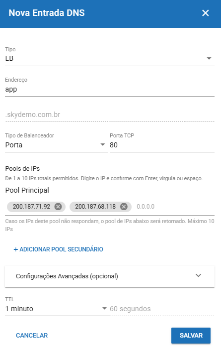 Formulário de criação da entrada LB: Endereço, Tipo de Balanceador, Porta e Pools de IPs