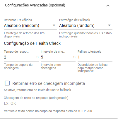 Configurações Avançadas expandidas: estratégias de retorno e Configuração de Health Check