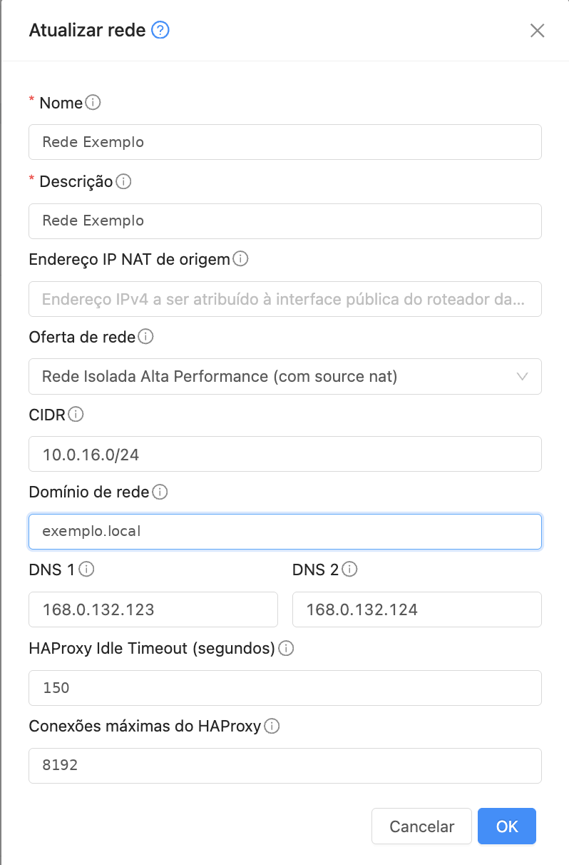 Janela Atualizar rede com os campos HAProxy Idle Timeout (segundos) e Conexões máximas do HAProxy preenchidos